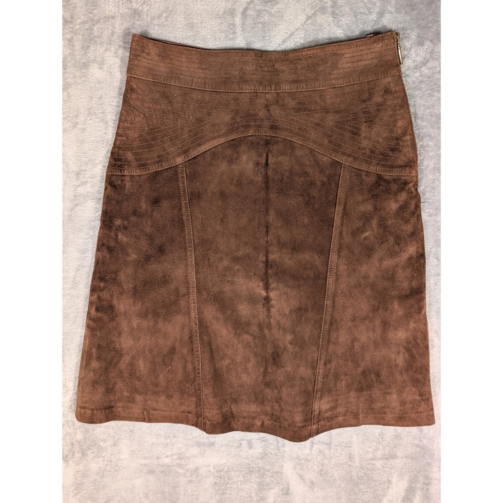 J. McLaughlin Brown Suede Leather Paneled A-Line Mini Skirt Women Size Two Lined